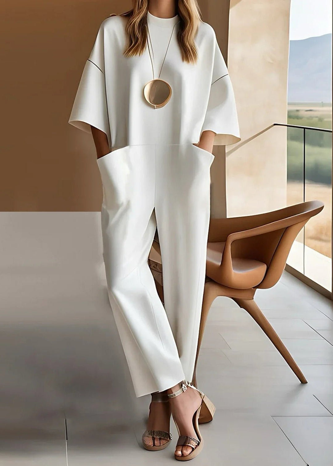 Stylish women's wide leg short sleeve crew neck jumpsuit. Perfect for casual comfort & summer fashion.