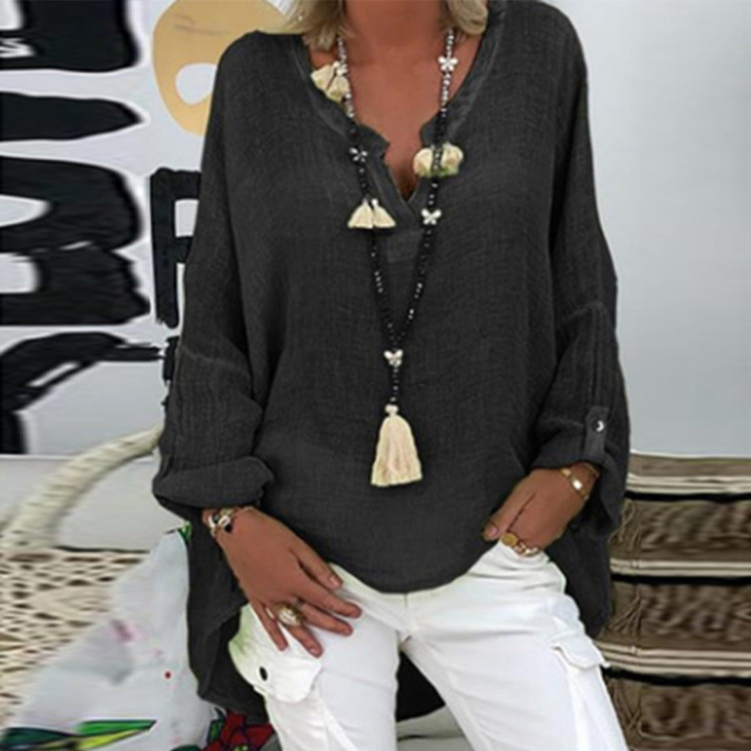 Women's elegant linen blouse, loose fit, long sleeve. Stylish top for casual wear & office fashion.