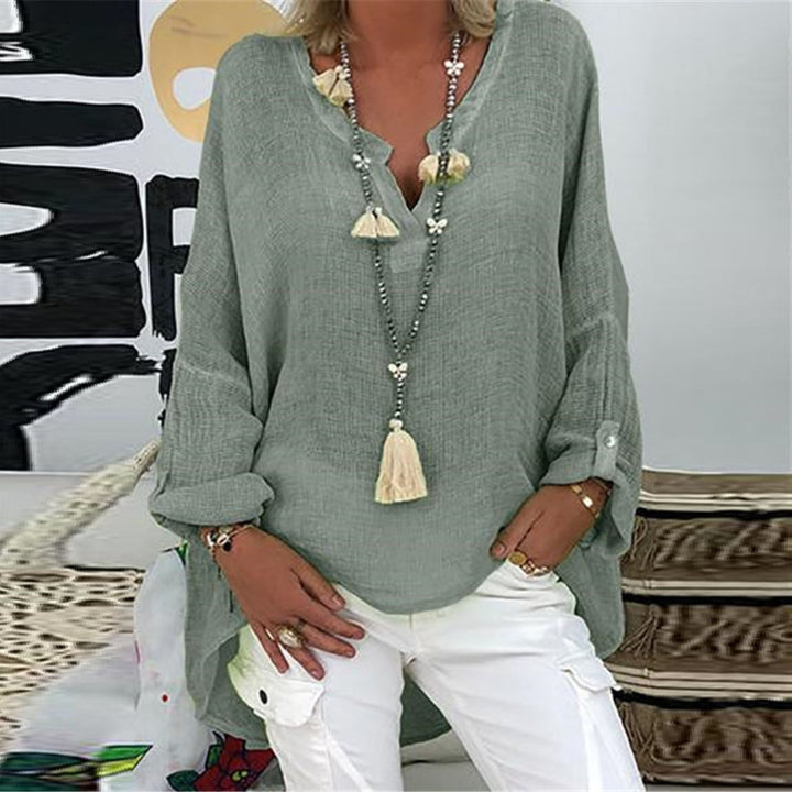 Women's stylish Elodie linen blouse, loose fit, long sleeve. Perfect for elegant everyday wear & office.