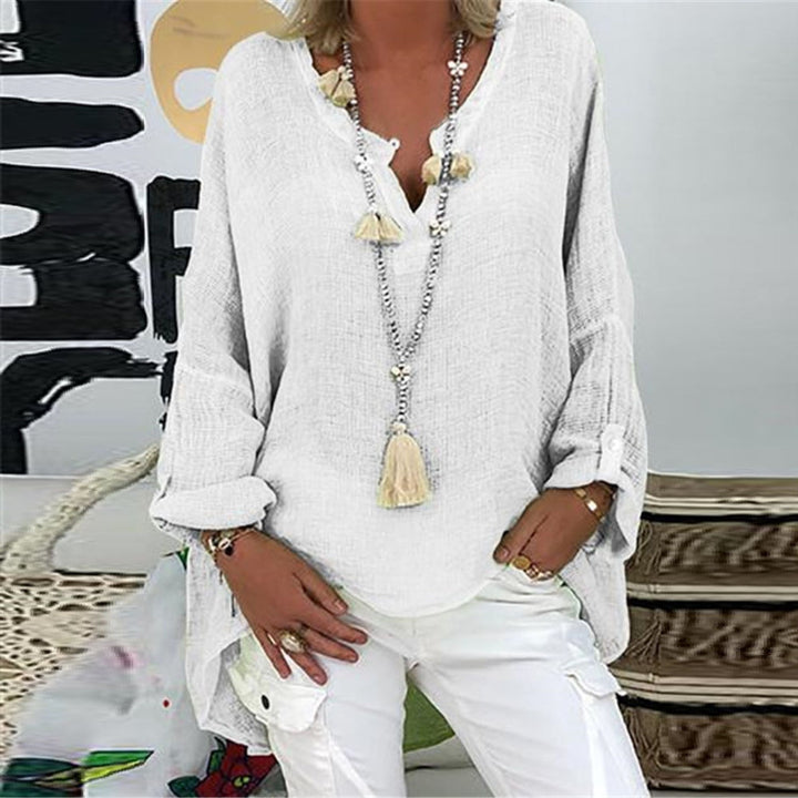 Stylish loose fit linen blouse, women's long sleeve. Perfect everyday top for summer & office elegance.