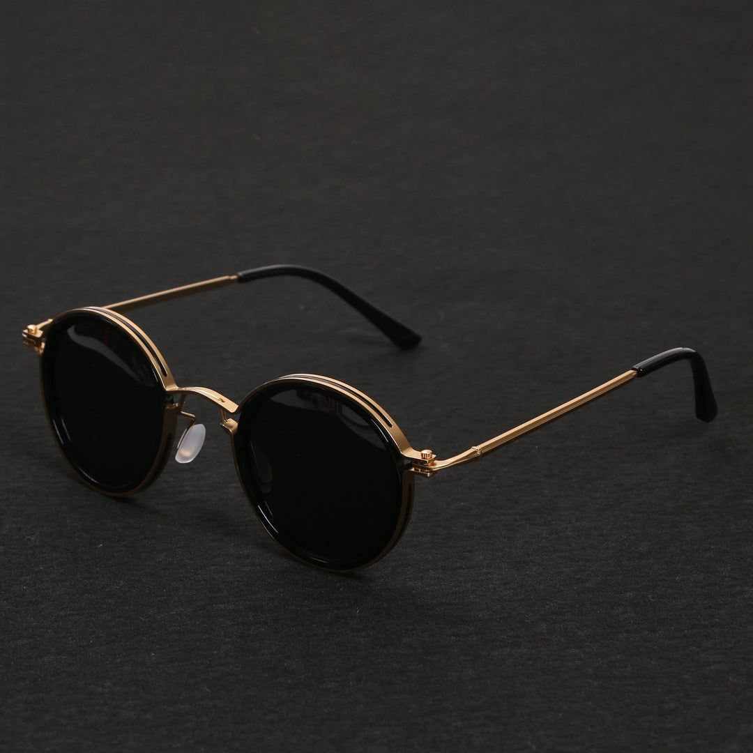 Unisex polarized round sunglasses with gold metal temples for UV protection & style.