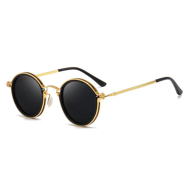 Unisex polarized round sunglasses with gold metal temples worn for stylish UV protection & glare reduction.