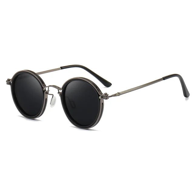 Designer inspired unisex polarized round sunglasses with gold metal temples; UV protection & modern style.