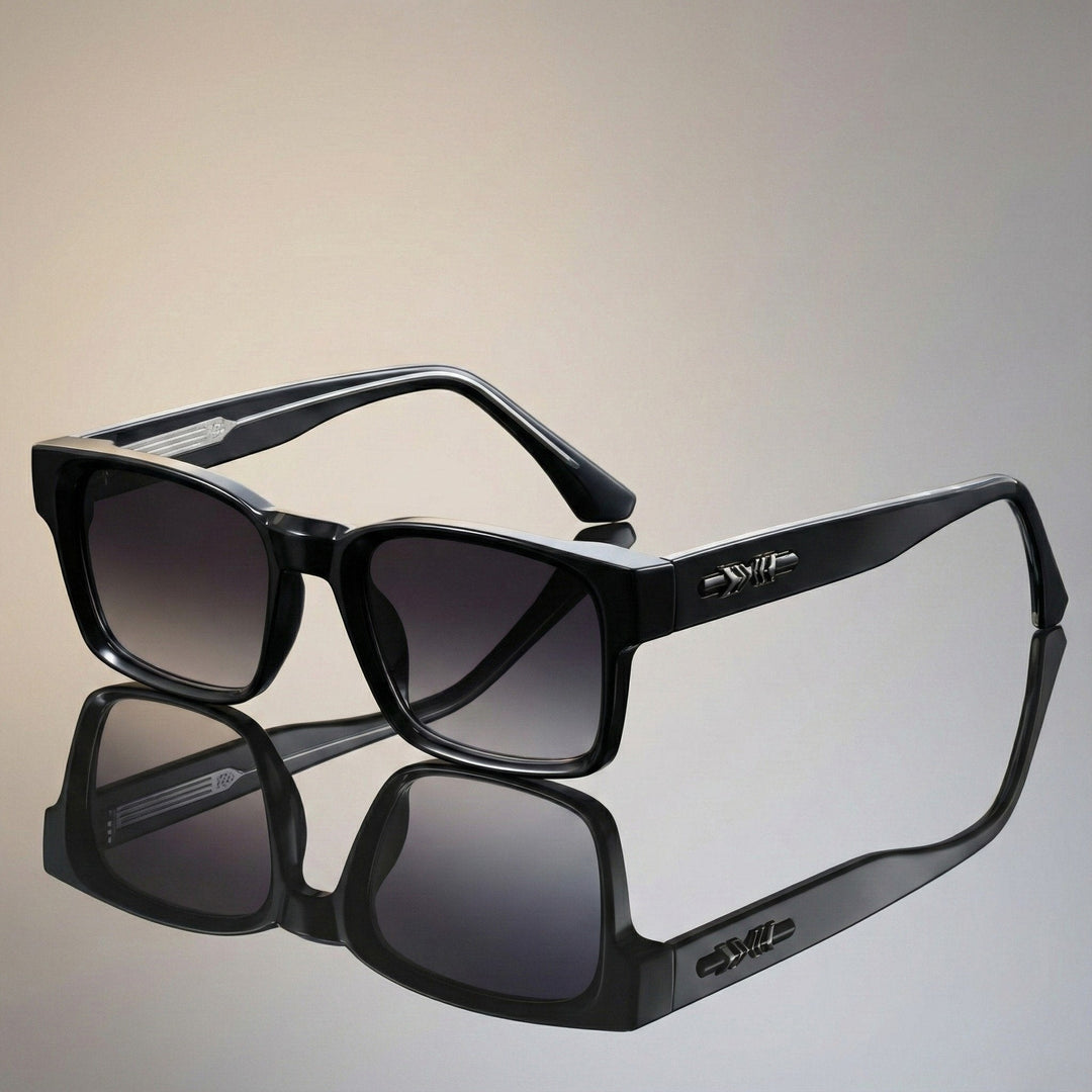 Close-up of elegant unisex square frame sunglasses, featuring anti-reflective lenses & UV400 protection.