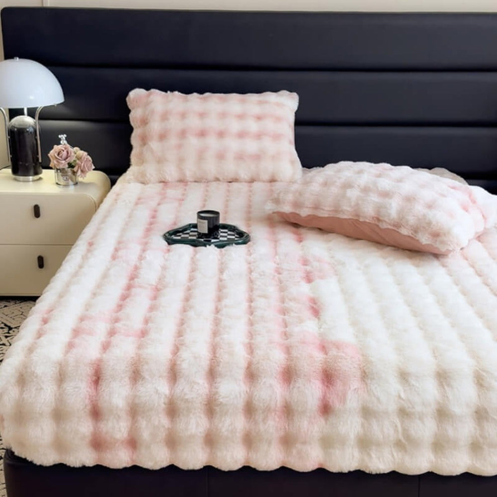 Super soft plush mattress protector fitted sheet, faux rabbit for cozy, luxurious all-season comfort. Deep pocket design.
