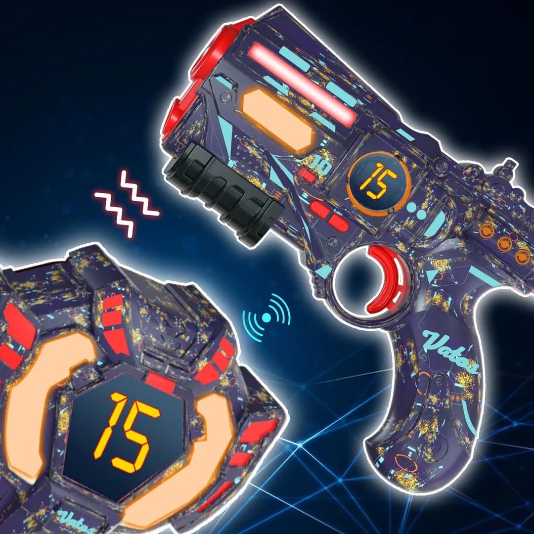 Close-up Tagonix rechargeable laser tag blaster, ergonomic design & digital features. Ready for active outdoor play.