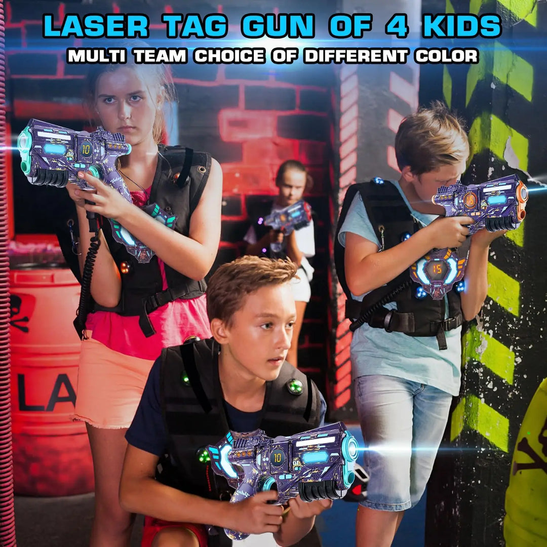 Group of friends and family engaging in thrilling outdoor team battles with the Tagonix rechargeable laser tag set.