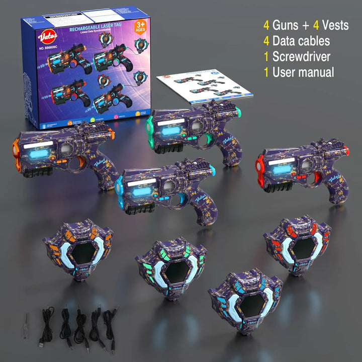 Full view of the Tagonix rechargeable laser tag set components: blasters, vests, & charging cables for endless fun.