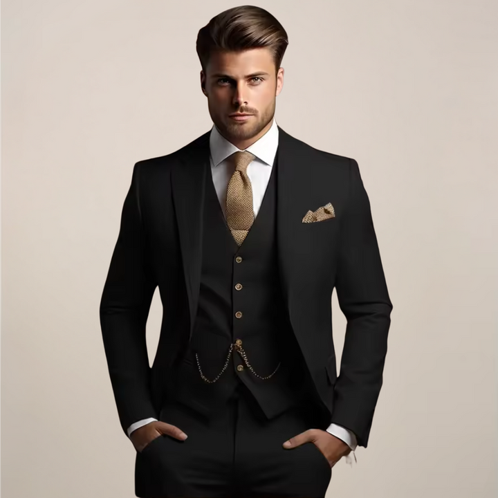 Tailored men's slim fit three-piece suit, a sophisticated choice for weddings, groomsmen, and formal events.