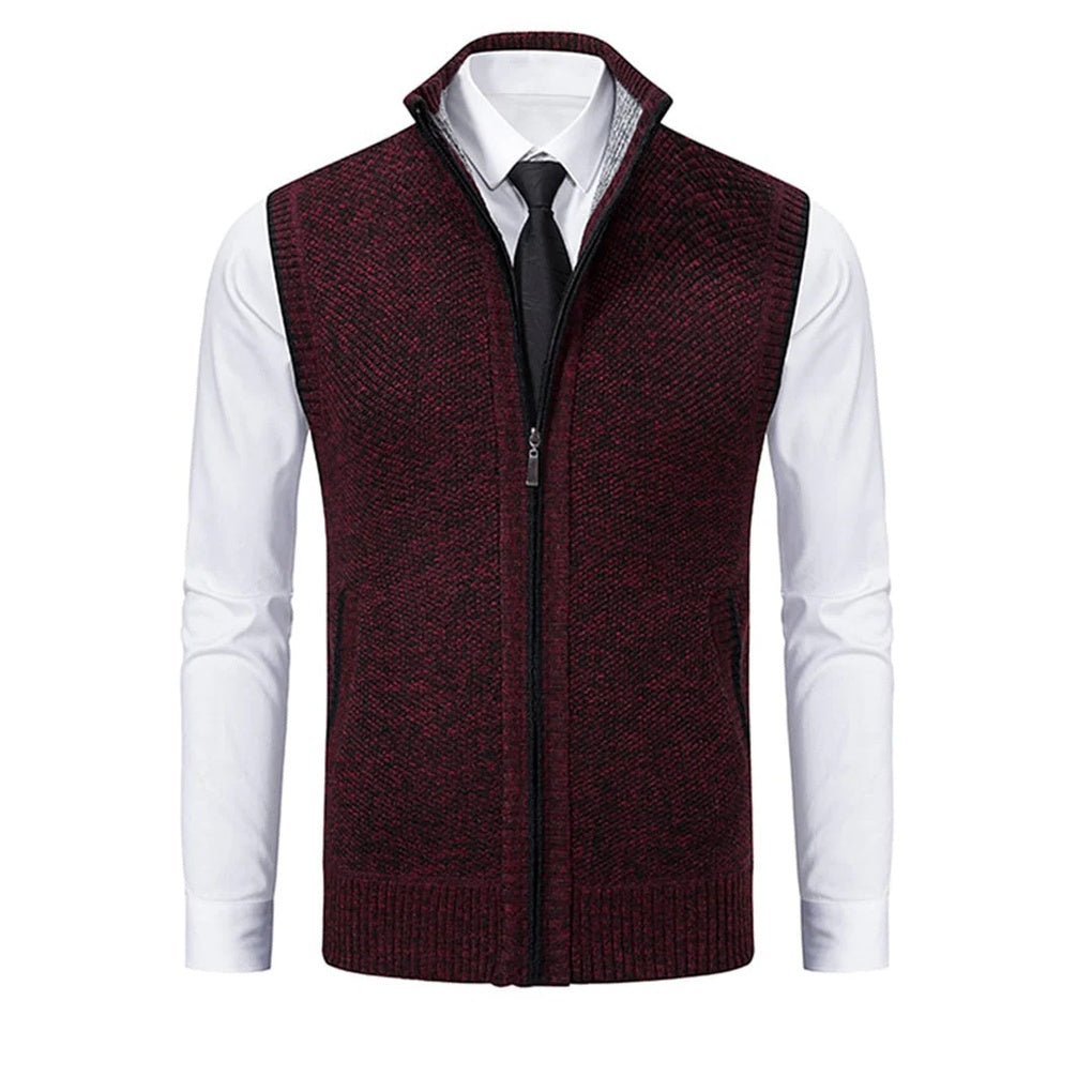Model wearing a tailored men's vest. Elegant suit vest, perfect for smart-casual and formal layering in men's fashion.
