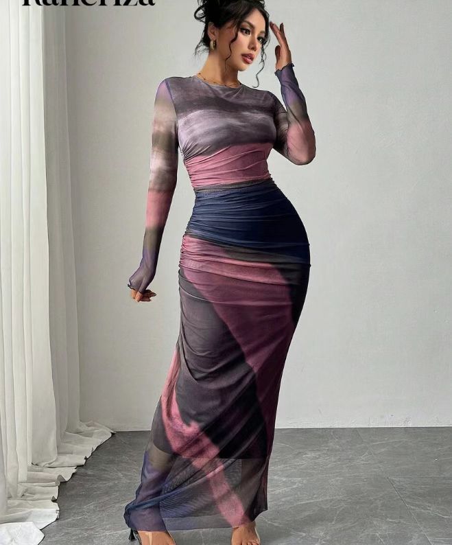 Women's long sleeve bodycon maxi dress. Elegant, figure-flattering design for evening & party.