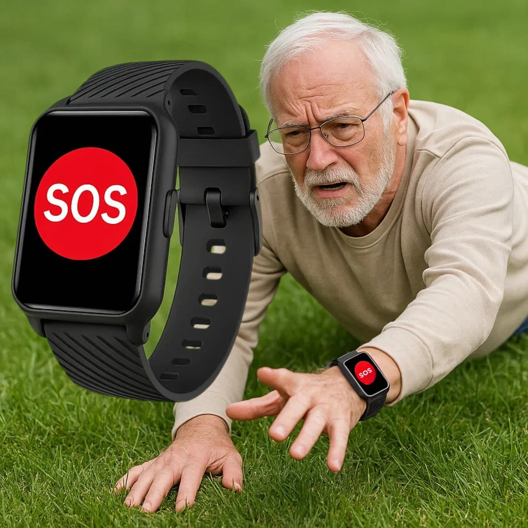 Close-up of TavvitaImp009 senior smartwatch display showing time, heart rate & emergency call button.