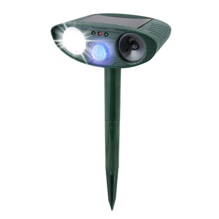 TavvitaImp009 solar ultrasonic dog repeller, an outdoor deterrent with a solar panel for humane yard protection.