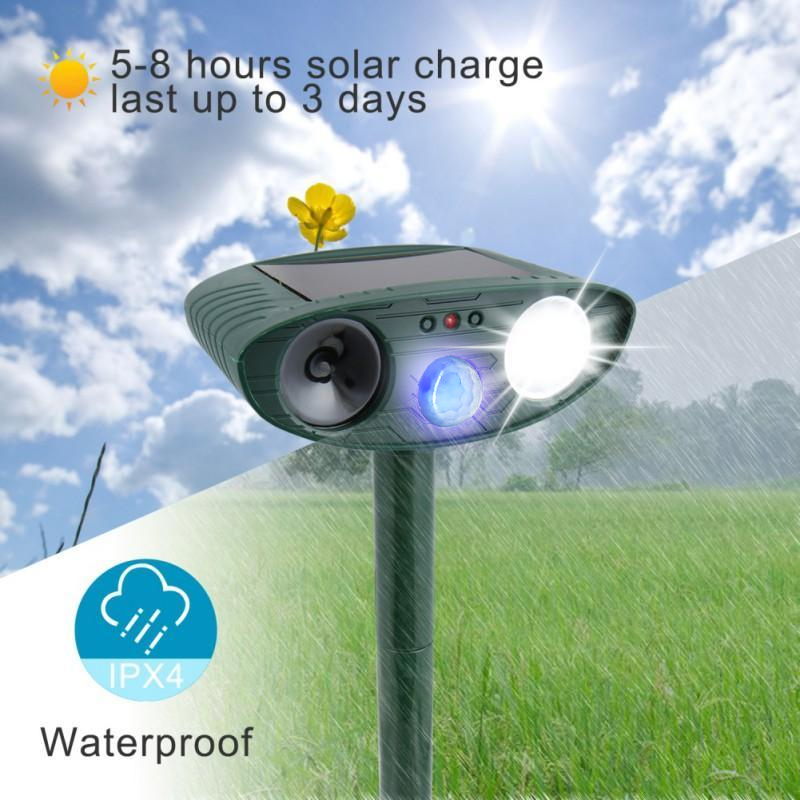 Outdoor solar dog repeller, using ultrasonic pest control to humanely deter dogs from your garden and yard.