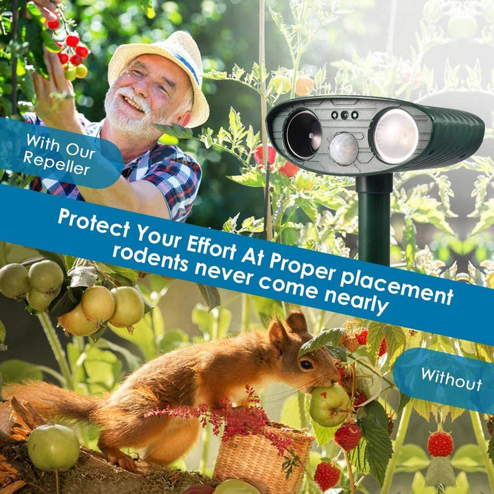 Compact solar powered ultrasonic animal repeller, designed for effective, humane outdoor yard and garden protection.