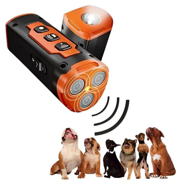 Dog trainer holding a TavvitaImp010 ultrasonic bark control device, promoting calm pet behavior.
