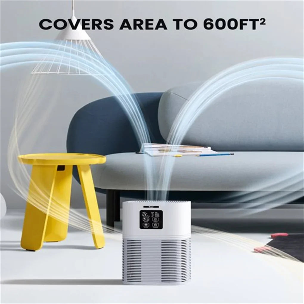 Modern household air purifier cleaning home air, reducing pet odors & allergens. Features quiet diffuser.