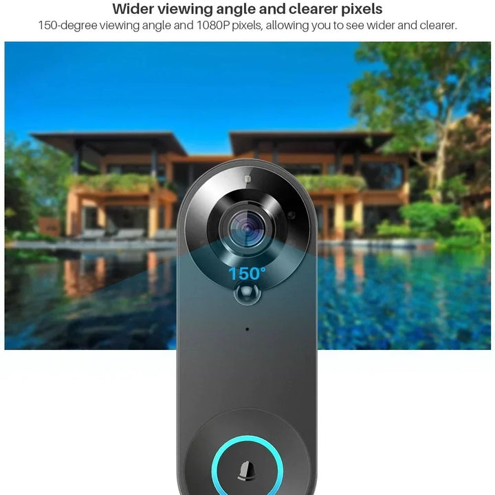 Tavvitaimp18 smart doorbell camera showing app interface for HD video, motion alerts, and 2-way audio.