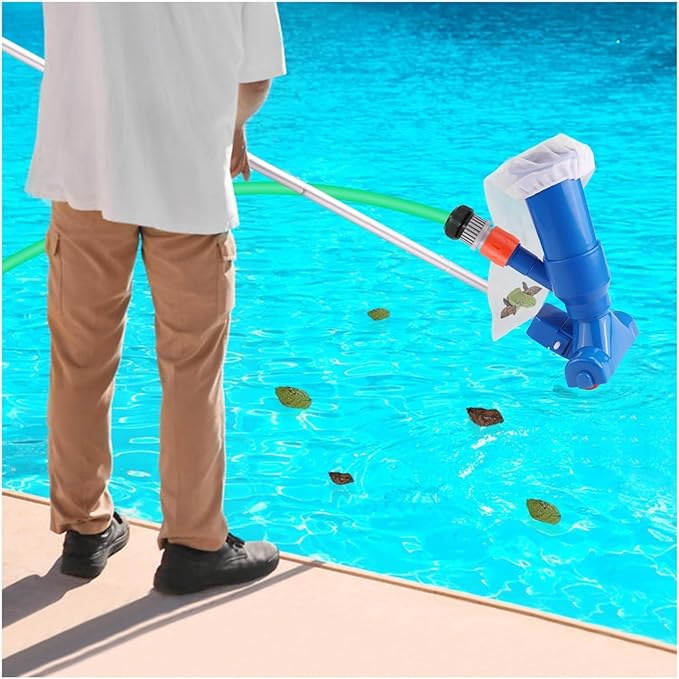 TIDYPOOL manual pool vacuum connects to garden hose for easy debris cleaning.