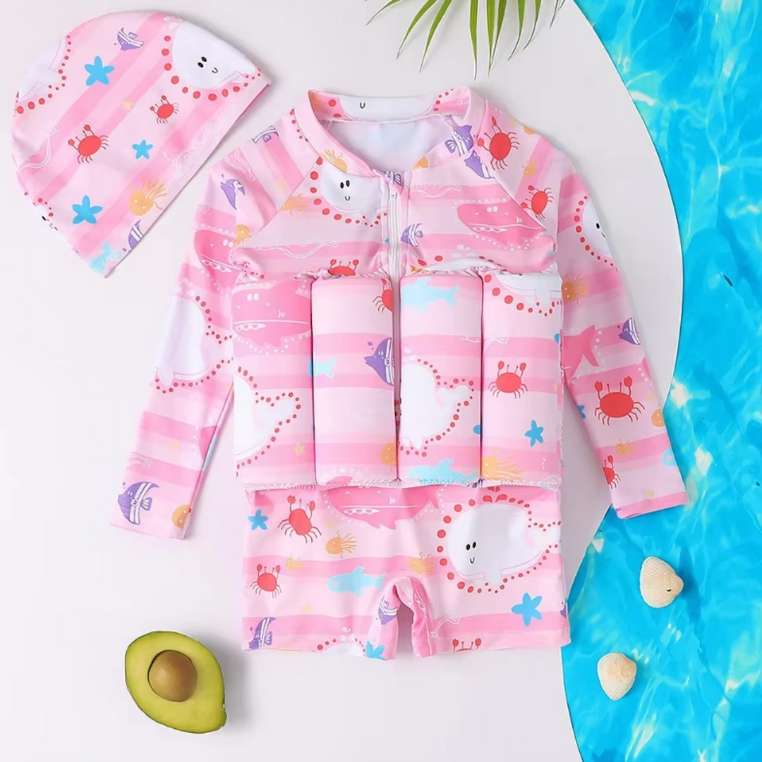 Safe & stylish toddler swim vest, UV 50+ sun protective, with integrated shorts.
