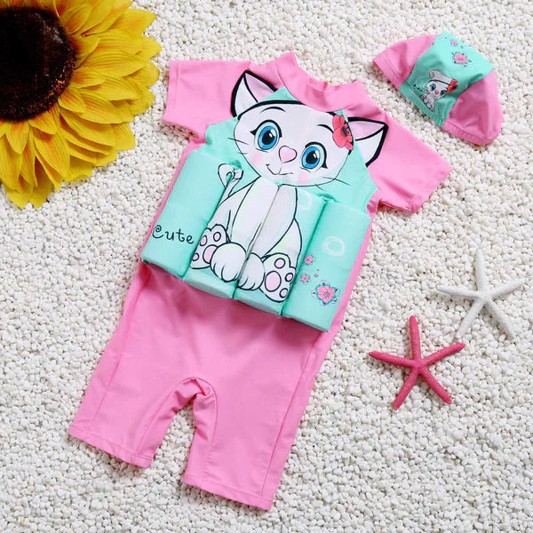 Adjustable toddler float vest, great for learning to swim, includes sun protection.