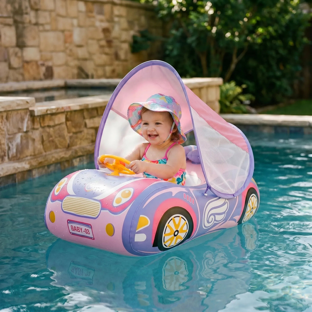 Toddler inflatable car pool float with sun canopy for safe, shaded water play & swim training.