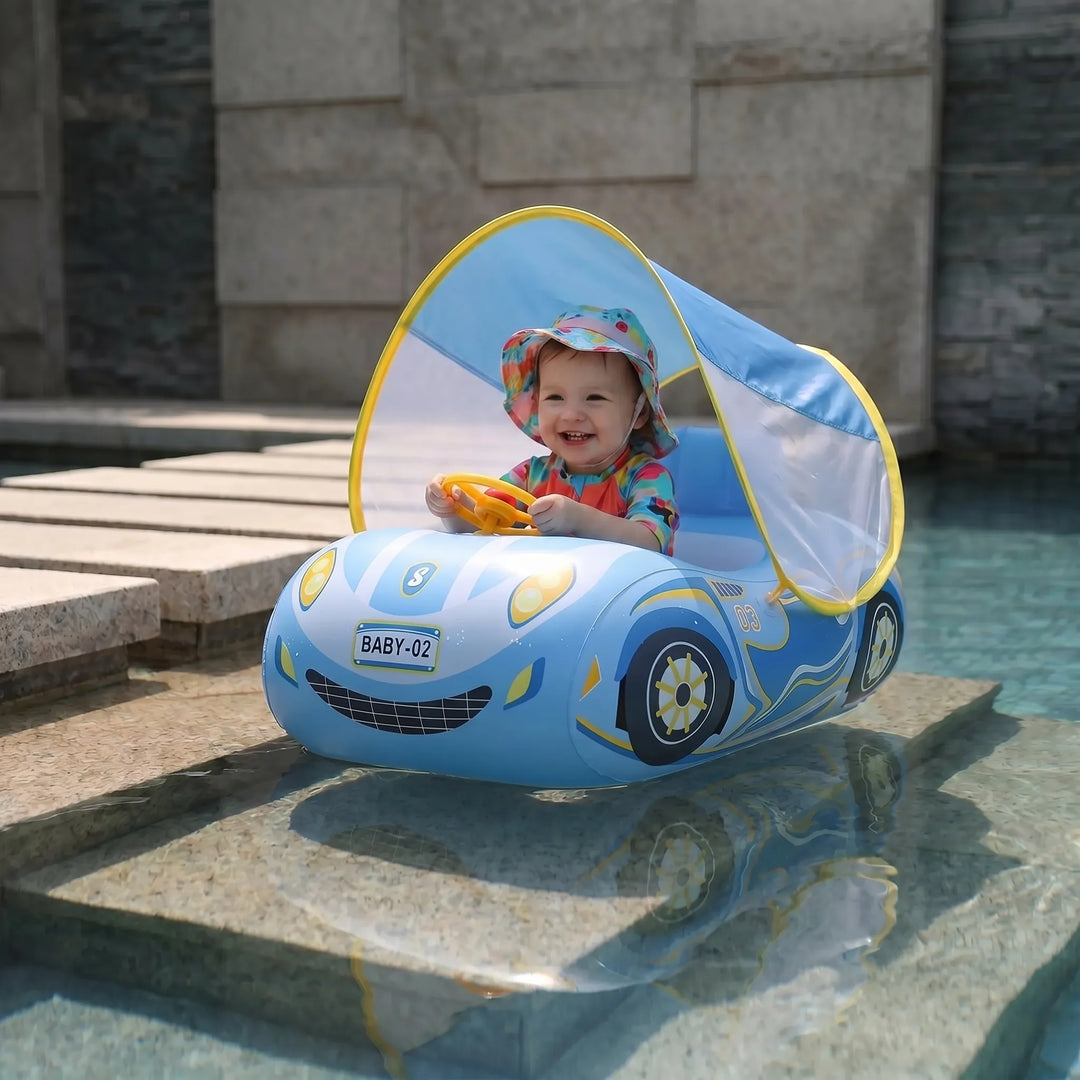 Baby's car-shaped inflatable pool float with built-in sun canopy; ideal for summer water fun.