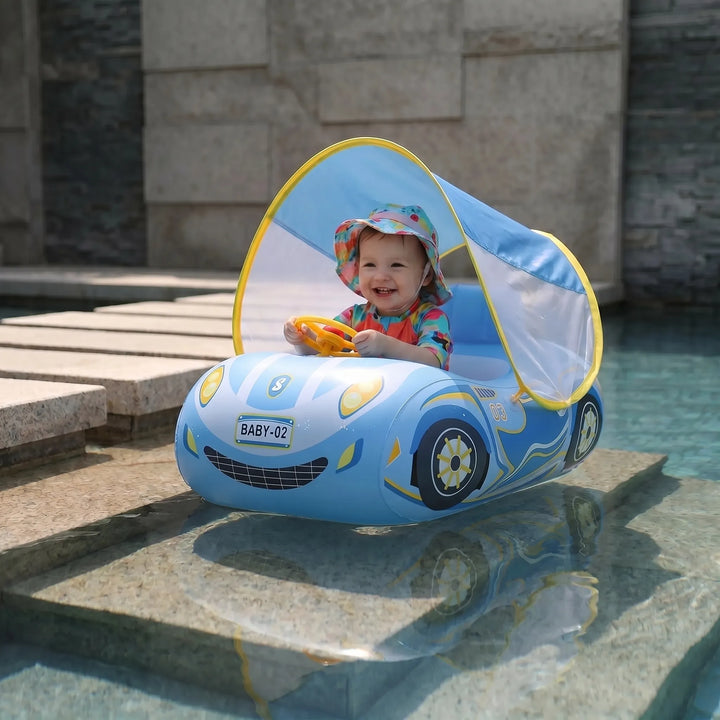 Baby's car-shaped inflatable pool float with built-in sun canopy; ideal for summer water fun.