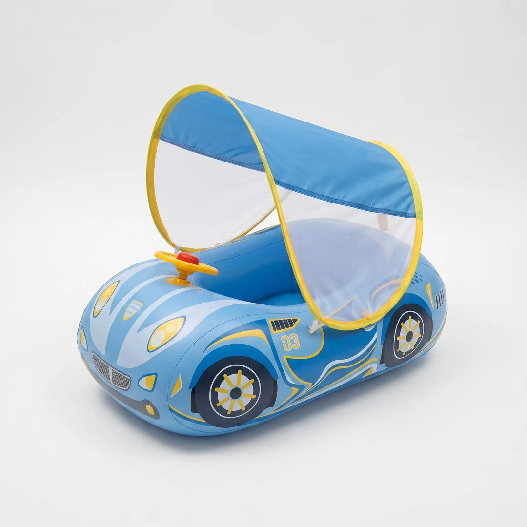 Kids' summer pool toy: a car float with sun shade, perfect for infants learning to swim safely.