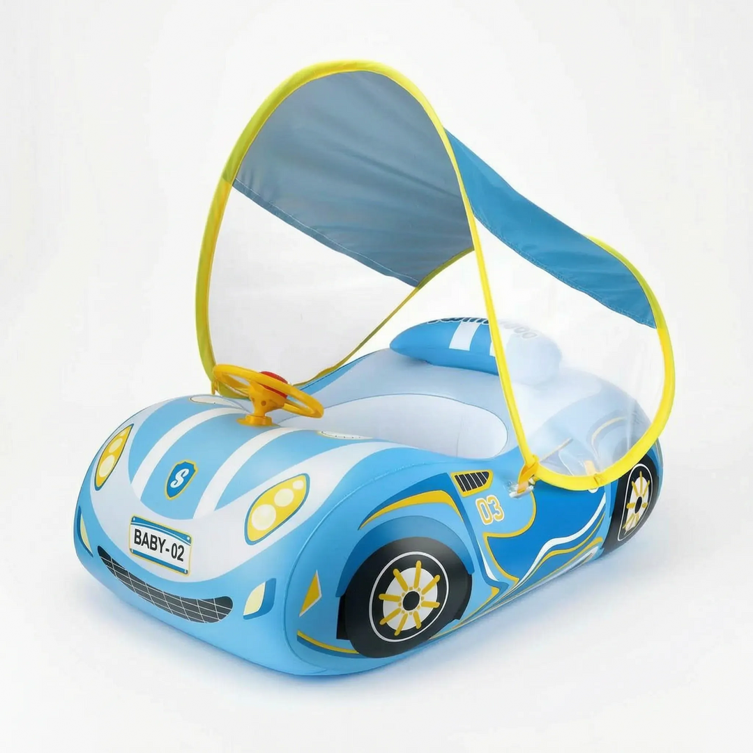 Children's outdoor pool float, a car-shaped inflatable with sun canopy for shaded summer water fun.