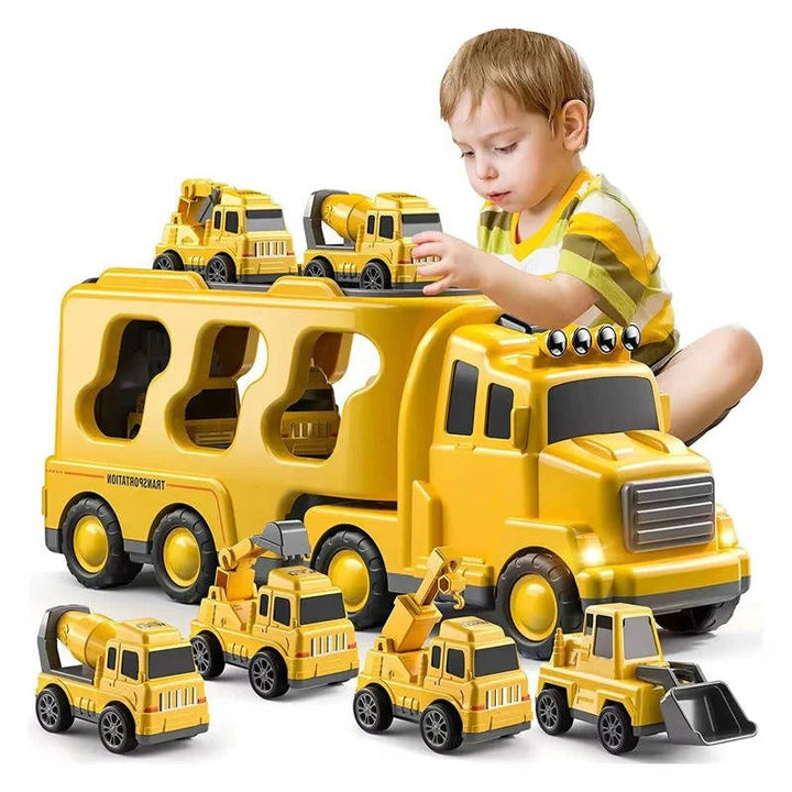 Toddlers' 5-piece construction truck carrier play set with kids vehicles for imaginative friction power fun.