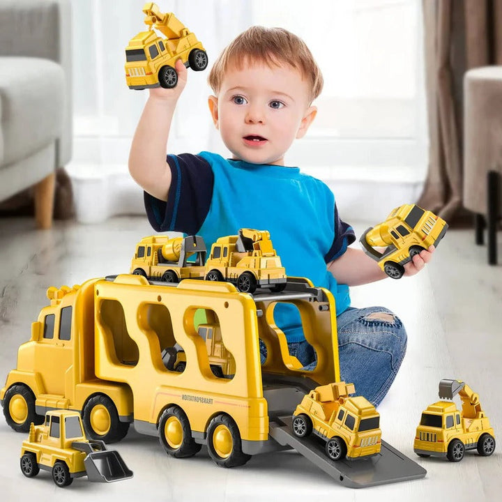 Bright toddler construction toy set: a carrier truck with 4 friction-powered mini vehicles, perfect for boys.