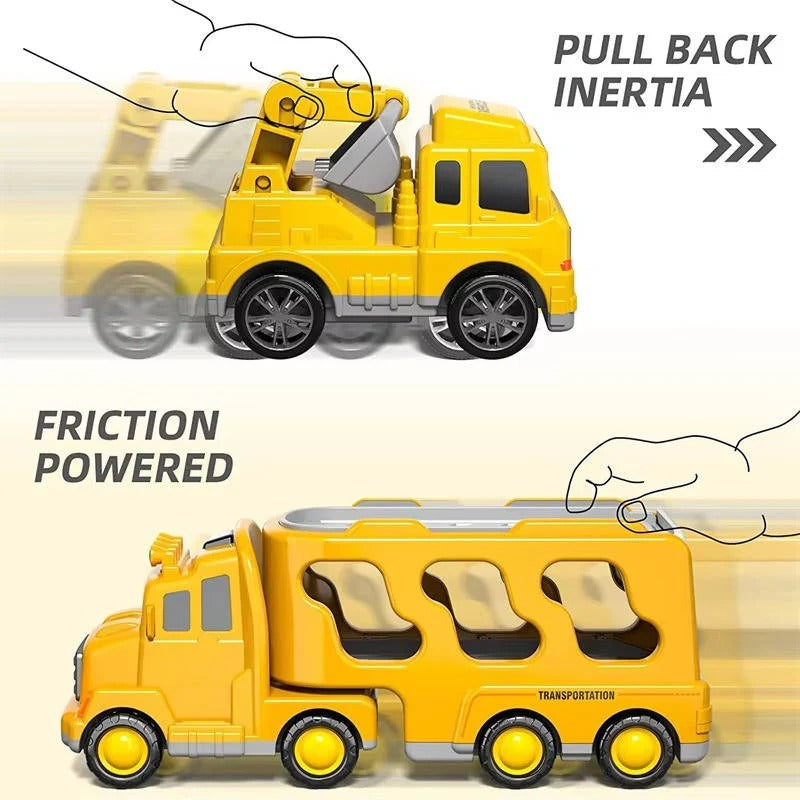 Engaging 5-piece construction play set featuring a large carrier truck and multiple toddler-friendly vehicles.