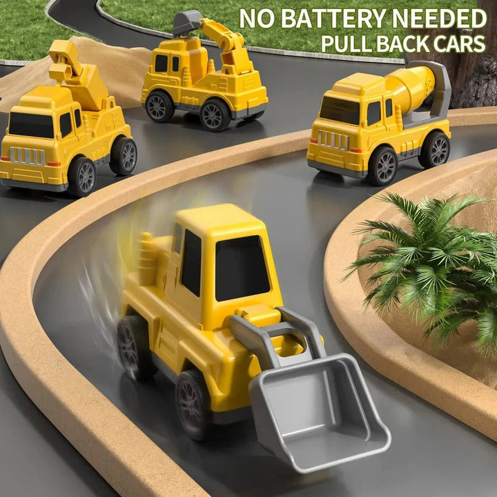 Colorful toddler toy truck set with a carrier and 4 construction vehicles, promoting imaginative play.