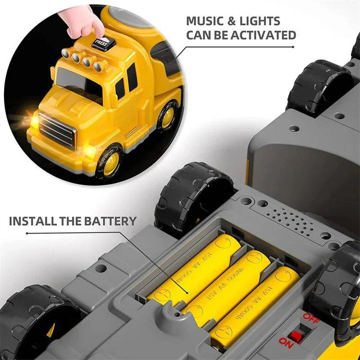 Durable 5-piece construction truck play set for kids. Features a large carrier and small friction-powered toys.