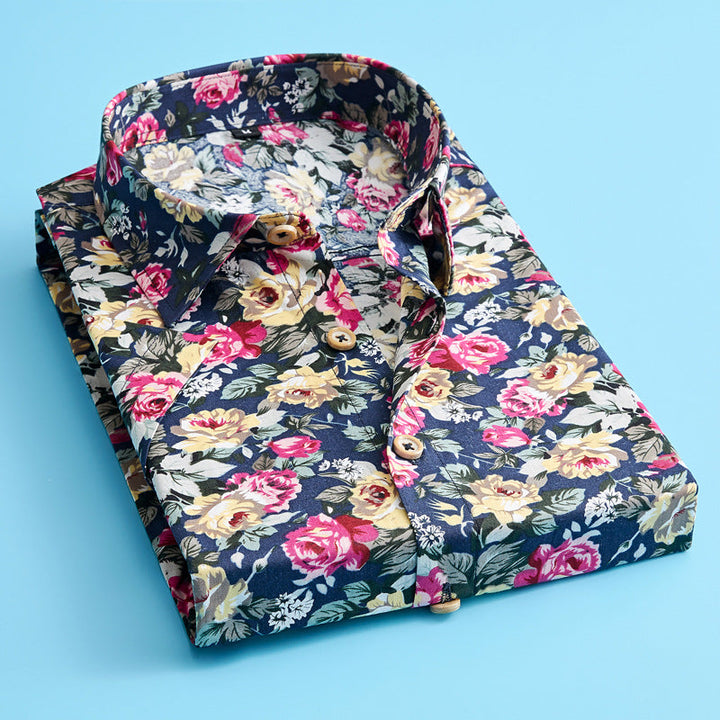 Colorful patterned men's floral short sleeve shirt, ideal for beach, summer, or leisure wear.