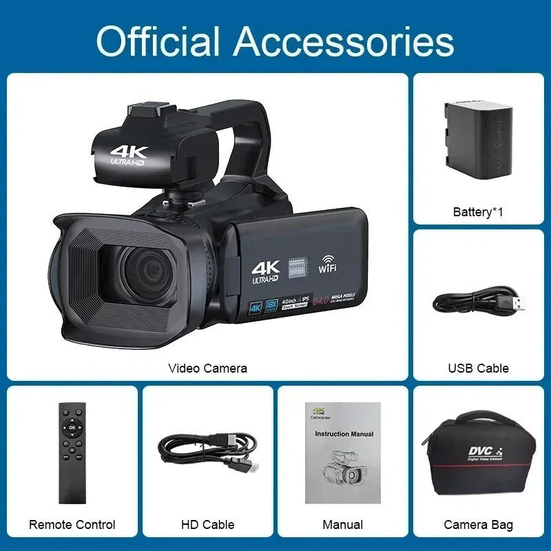 UHD 4K camcorder with 18X zoom, rotating touchscreen, ergonomic grip, and light support, ideal for pro-quality video shots.