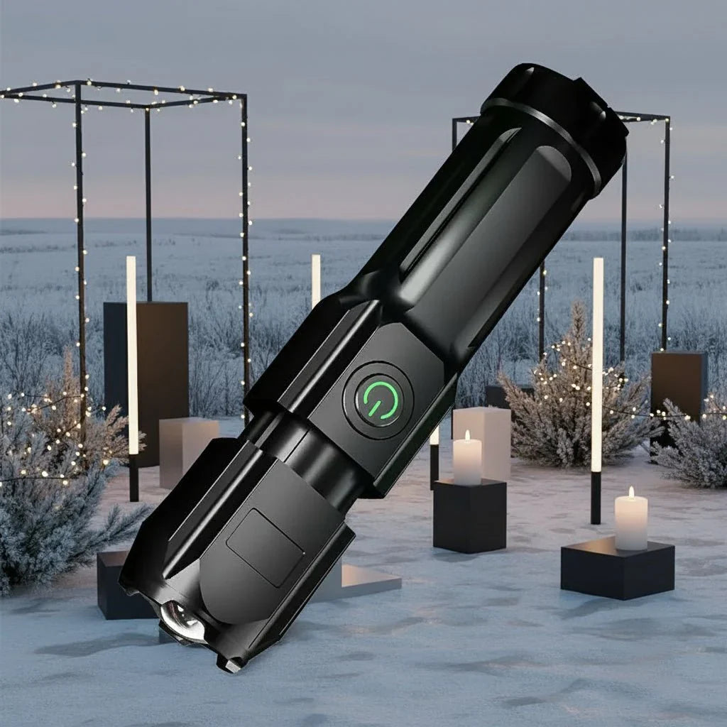 Durable, waterproof tactical LED flashlight, 100,000 lumens, perfect for camping & emergency use.