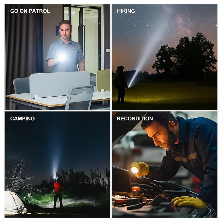 Portable 100,000 lumen LED flashlight. Rechargeable via USB, zoom function for versatile light.