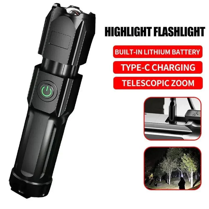 Powerful 100,000 lumen LED flashlight with adjustable zoom for wide or focused beam. USB rechargeable.