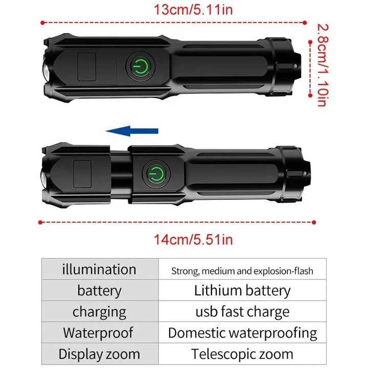 High-lumen LED flashlight for outdoor adventures. Waterproof, USB rechargeable, essential for emergencies.