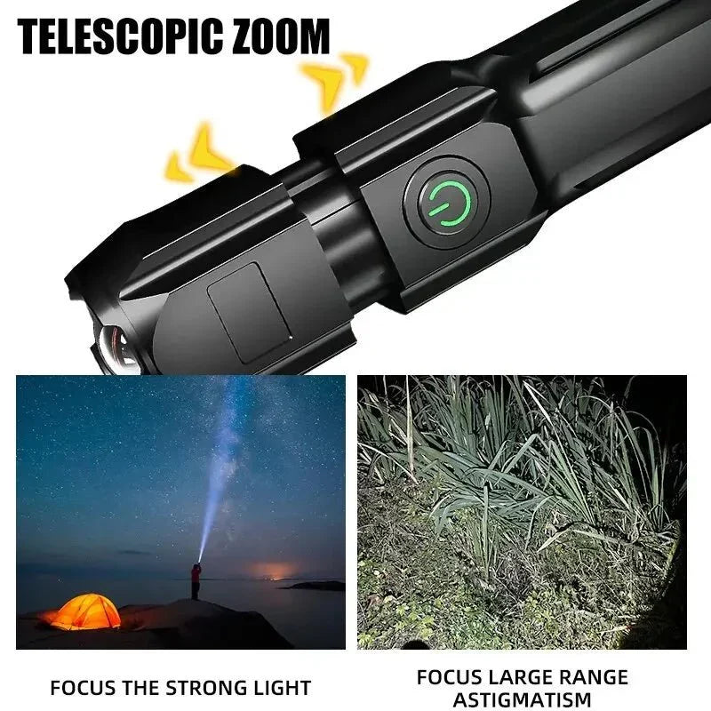 Tactical 100,000 lumen LED flashlight, durable, waterproof, with USB charging and powerful zoom.