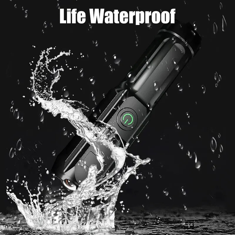 Brightest 100,000 lumen LED flashlight. Portable, zoomable, USB rechargeable for any situation.