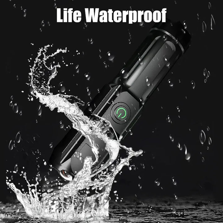 Brightest 100,000 lumen LED flashlight. Portable, zoomable, USB rechargeable for any situation.