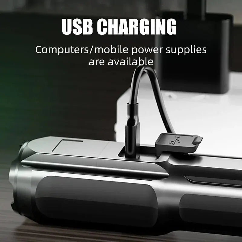Versatile 100,000 lumen LED flashlight. Rechargeable, zoom, waterproof. Ideal for outdoor, home, emergency.