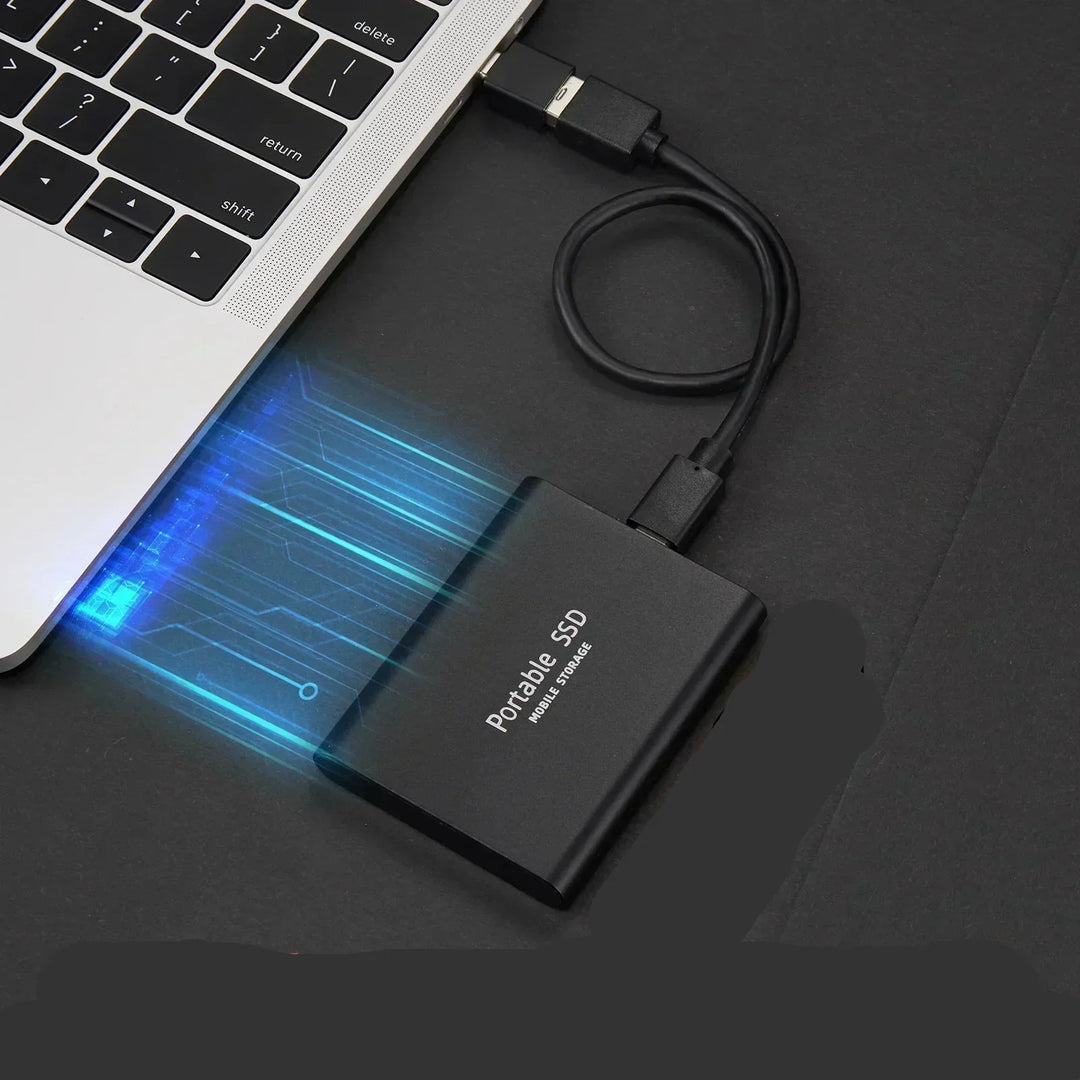 Ultra-fast portable 128GB external SSD for high-speed data backup & gaming storage. Compact aluminum travel drive.