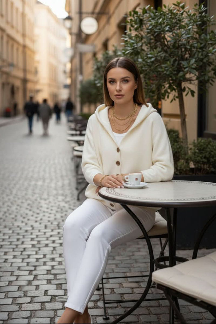 Cream ultra-soft open-front hooded cardigan, ideal for lounge wear and casual layering.