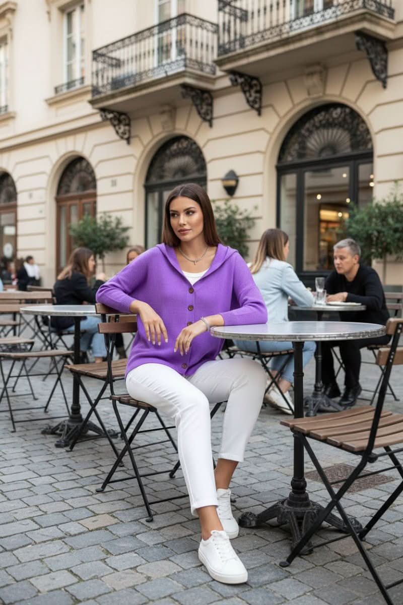 Women's long-sleeve hooded cardigan in a relaxed, open-front design for cozy comfort.