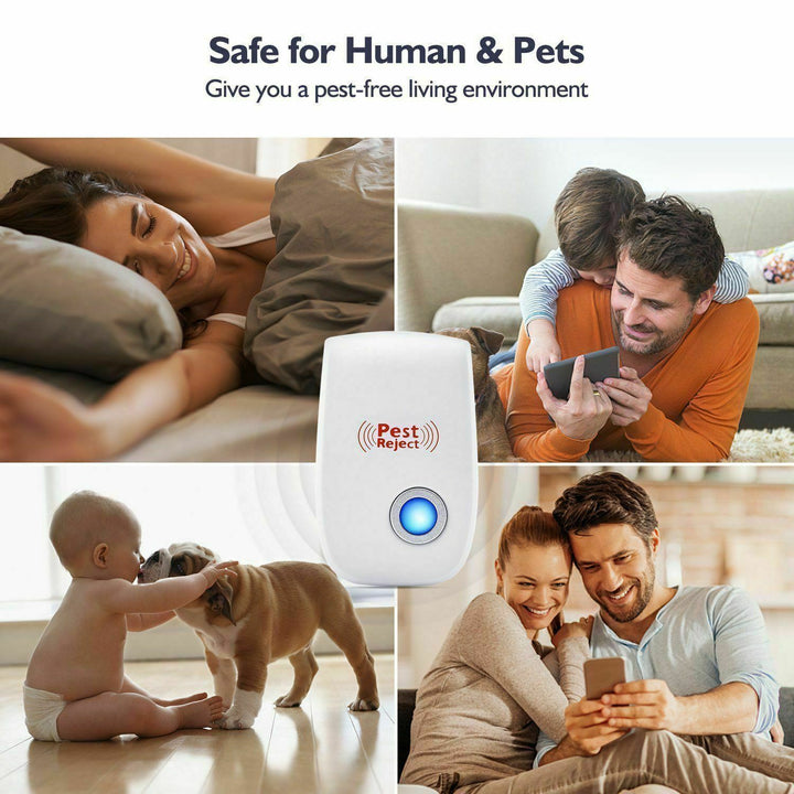 "Ultrasonic pest repeller for indoor and outdoor use, sleek white device, offers chemical-free and odorless pest control."