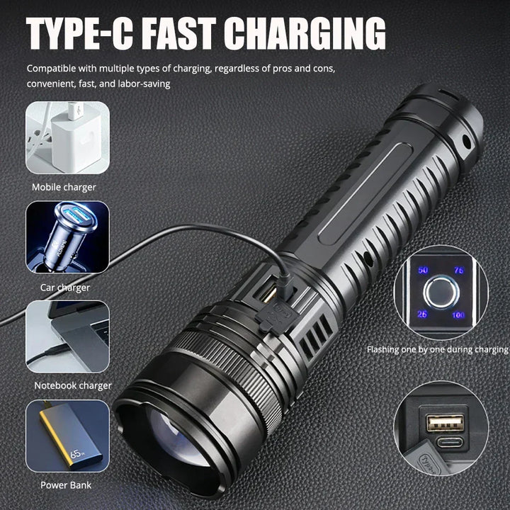 Striker 10000 Lumen LED Torch, waterproof & rechargeable. Functions as a power bank for outdoor survival.